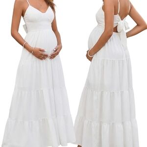 Satin-Back Tie White Maternity Maxi Dress